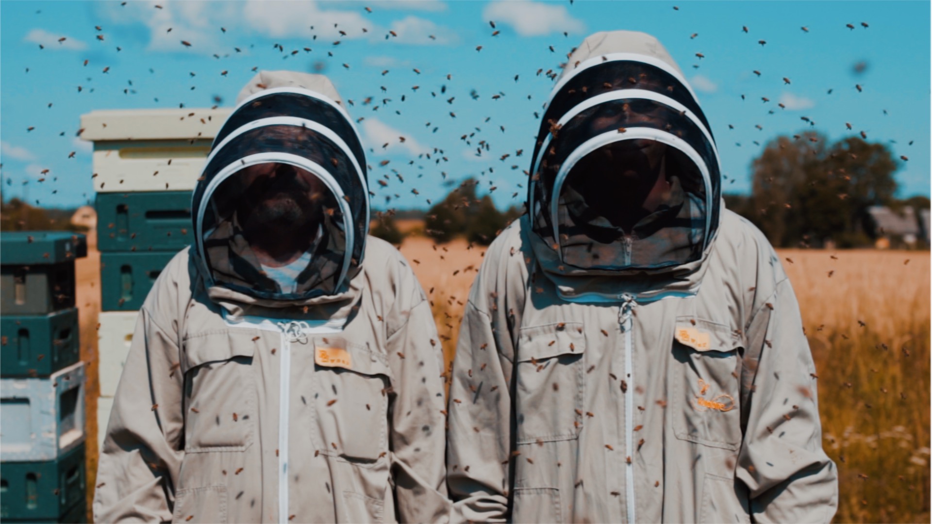 two beekeepers with bees flying around them